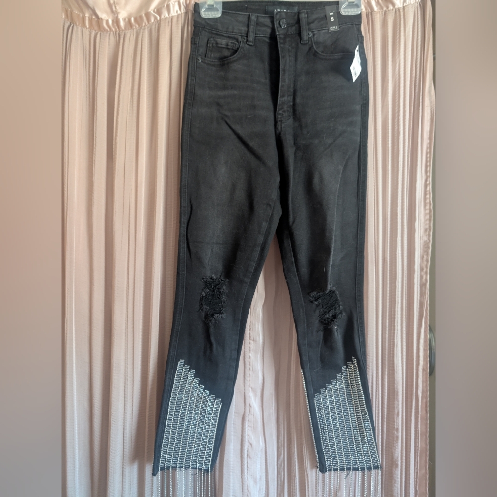 AKIRA Black Distressed Skinny Jeans with Rhinestone Fringe